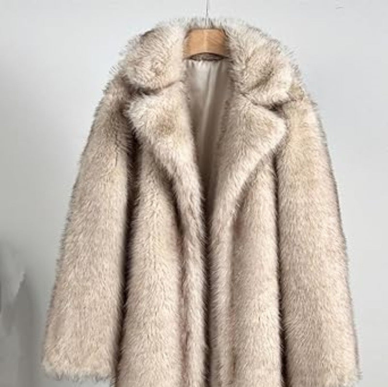 Women's Long Faux Fur Coat with Notched Lapel