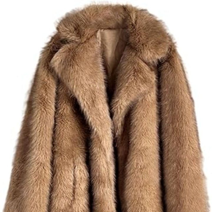 Women's Long Faux Fur Coat with Notched Lapel