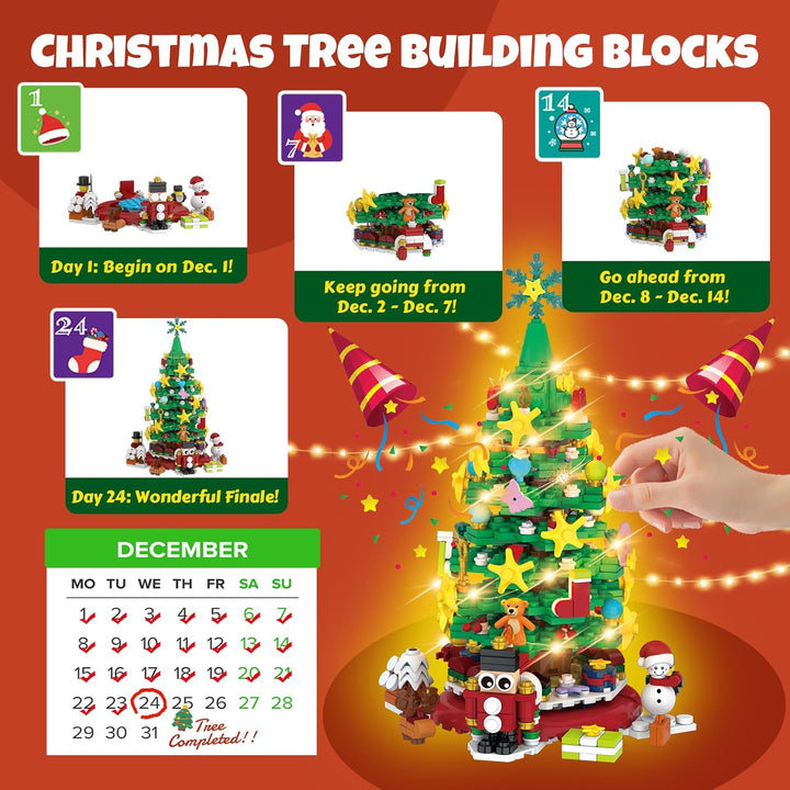 Christmas Tree Advent Calendar Building Block Set with Lights 24 Pieces
