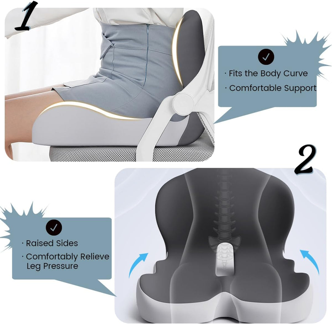 Ergonomic Memory Foam Seat Cushion with Lumbar Support for Back Pain Relief