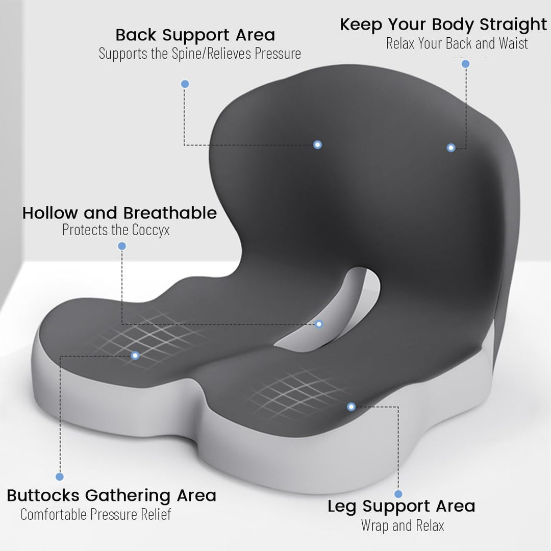 Ergonomic Memory Foam Seat Cushion with Lumbar Support for Back Pain Relief