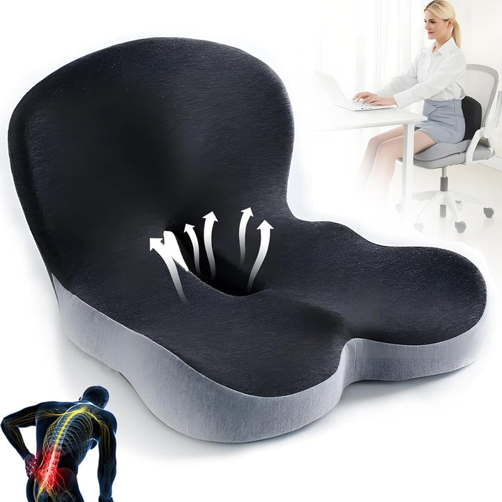 Ergonomic Memory Foam Seat Cushion with Lumbar Support for Back Pain Relief