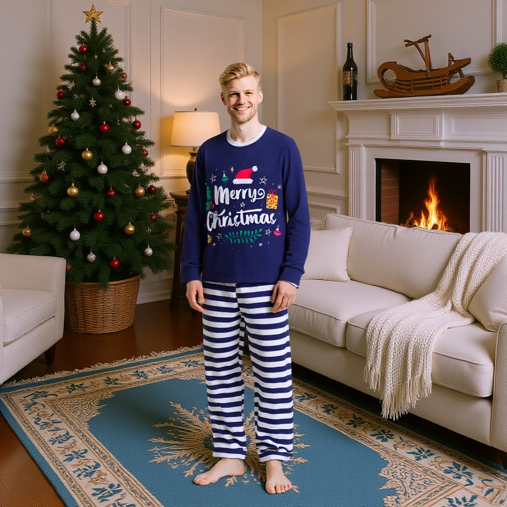 Family Matching Christmas Pajamas Sleepwear with Striped Trousers