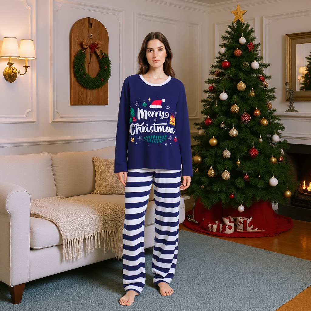 Family Matching Christmas Pajamas Sleepwear with Striped Trousers