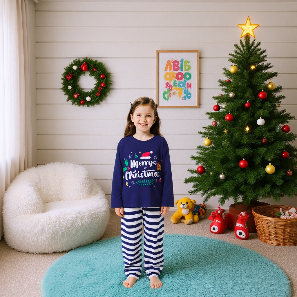 Family Matching Christmas Pajamas Sleepwear with Striped Trousers