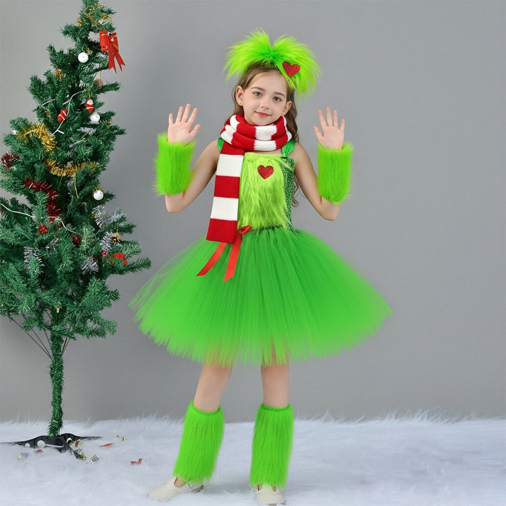 Girls Christmas Dress Costume Set with Scarf and Warmers