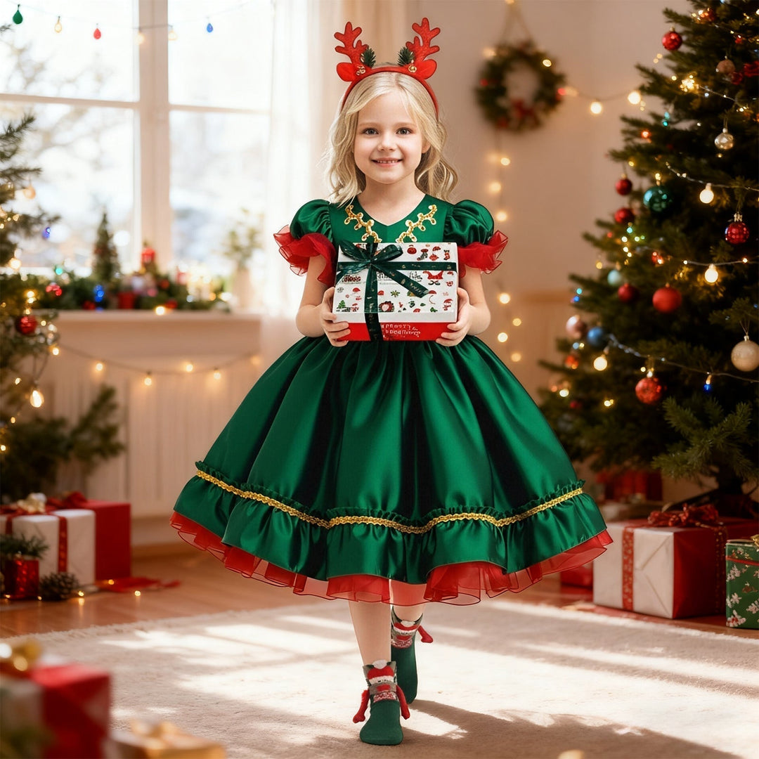 Girls Christmas Dress with Headband and Socks Gift Set
