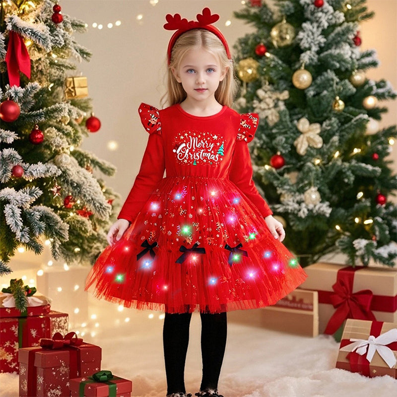 Girls Light Up Christmas Dress Costume with Headband