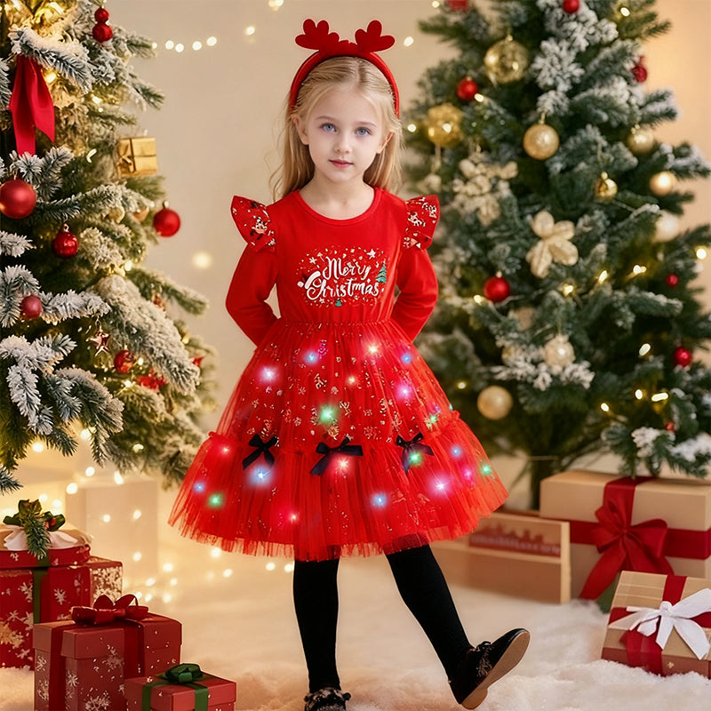 Girls Light Up Christmas Dress Costume with Headband