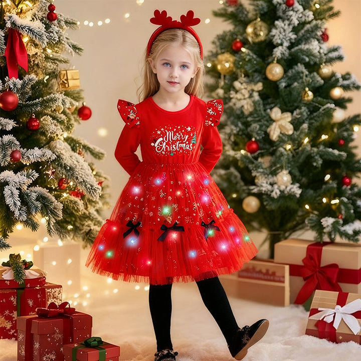 Girls Light Up Christmas Dress Costume with Headband