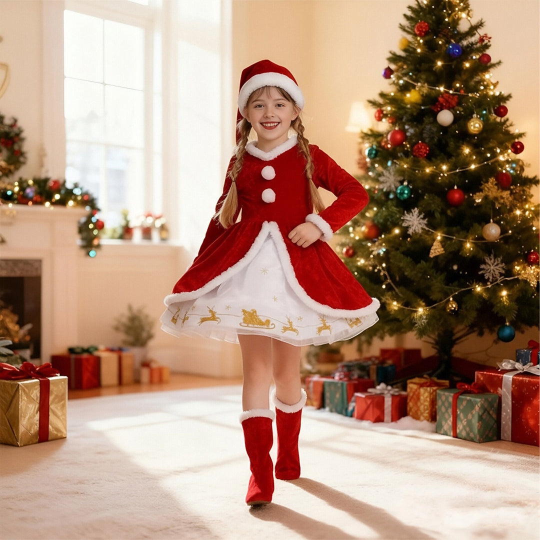 Girls Santa Costume Dress Long Sleeve Christmas Outfit