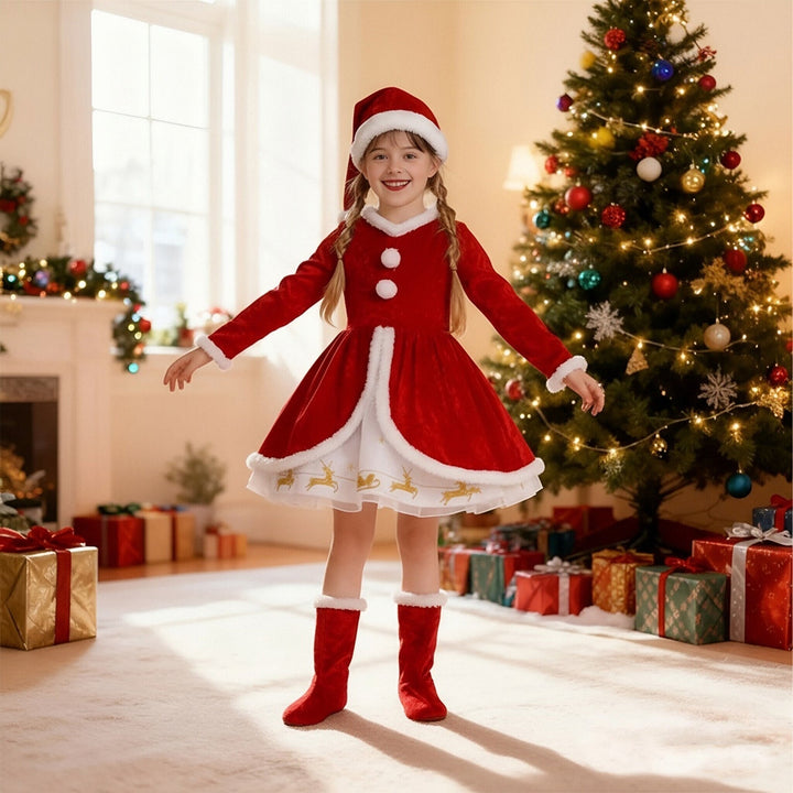 Girls Santa Costume Dress Long Sleeve Christmas Outfit