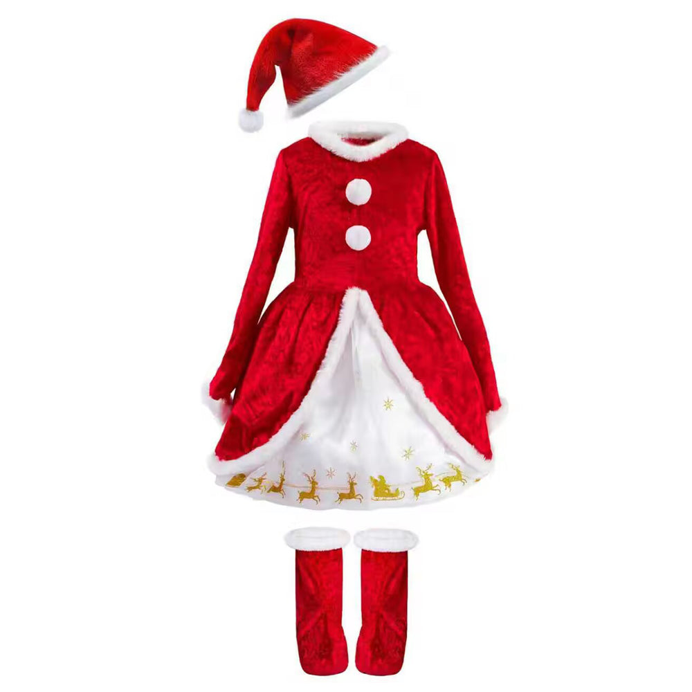 Girls Santa Costume Dress Long Sleeve Christmas Outfit