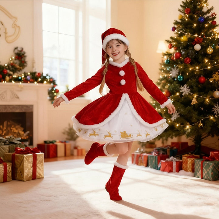 Girls Santa Costume Dress Long Sleeve Christmas Outfit