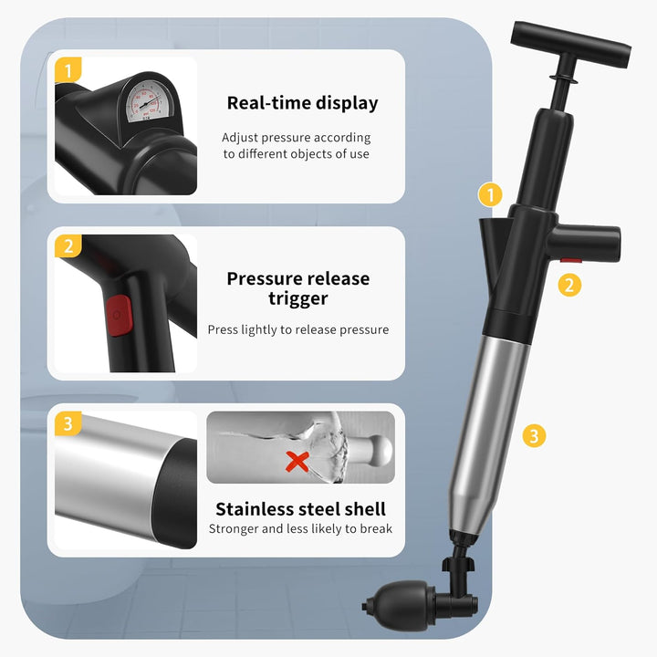 High Pressure Stainless Steel Toilet Plunger Unclogger Tool