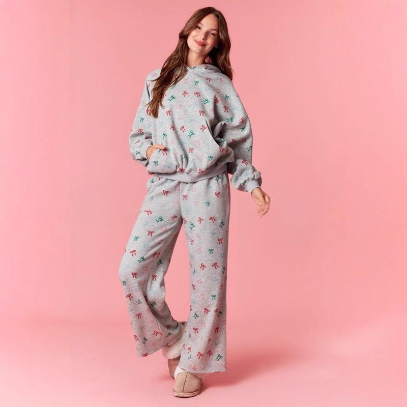Hooded Sweatshirt and High Waist Wide Leg Pants Pajama Set