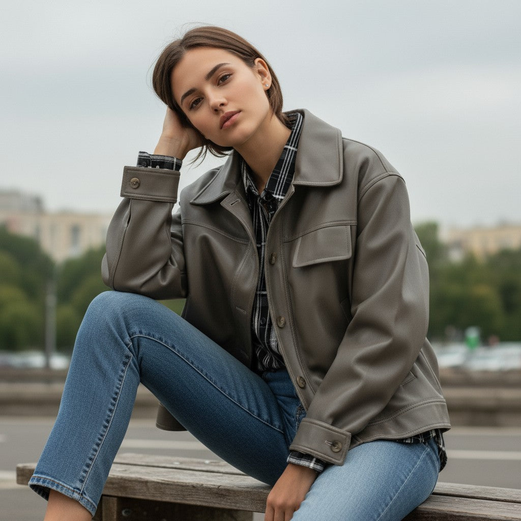 PU Leather Lapel Short Jacket