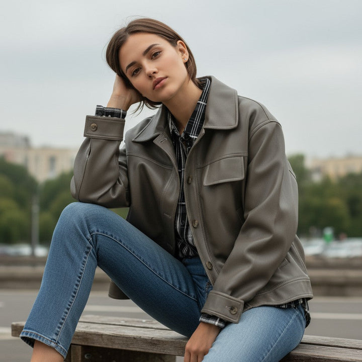 PU Leather Lapel Short Jacket