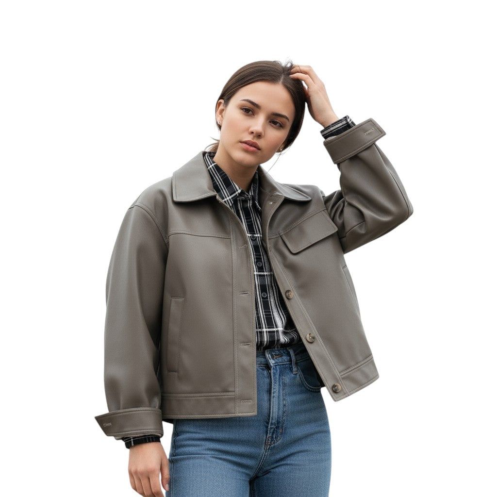 PU Leather Lapel Short Jacket