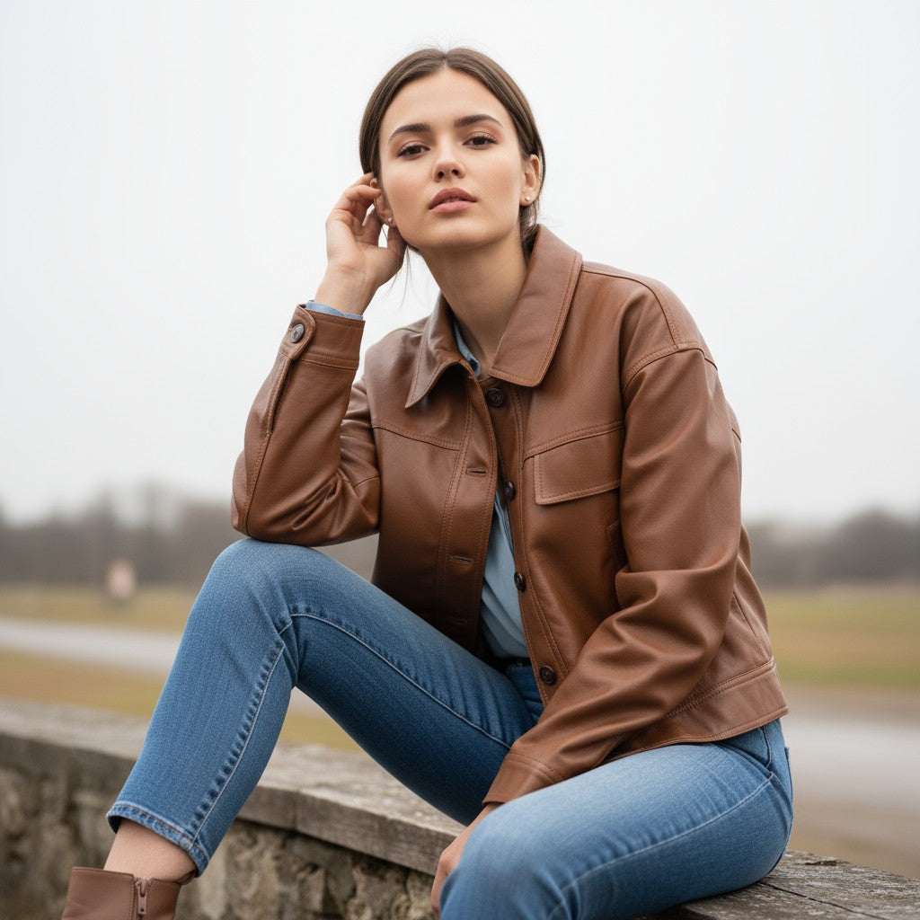 PU Leather Lapel Short Jacket