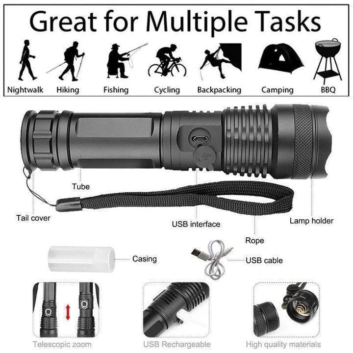 Rechargeable LED Flashlight with Zoom Function, Aluminum Body
