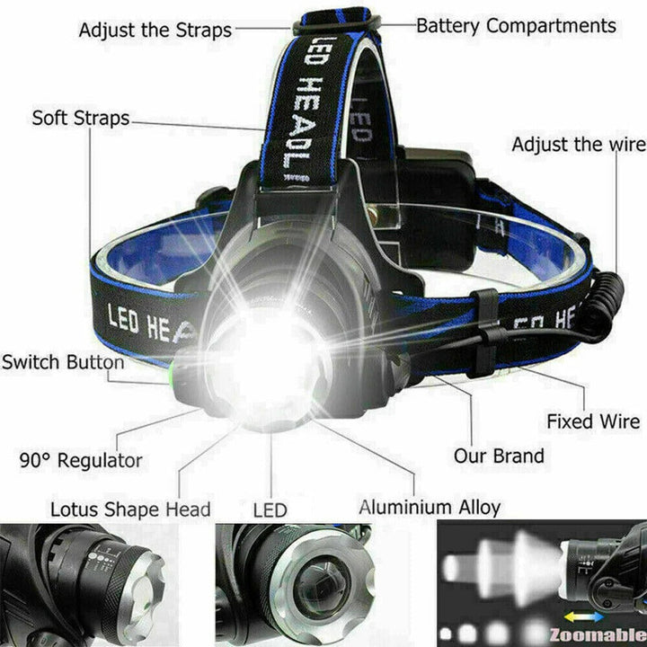 Rechargeable LED Headlamp 990000 Lumens for Outdoor Activities