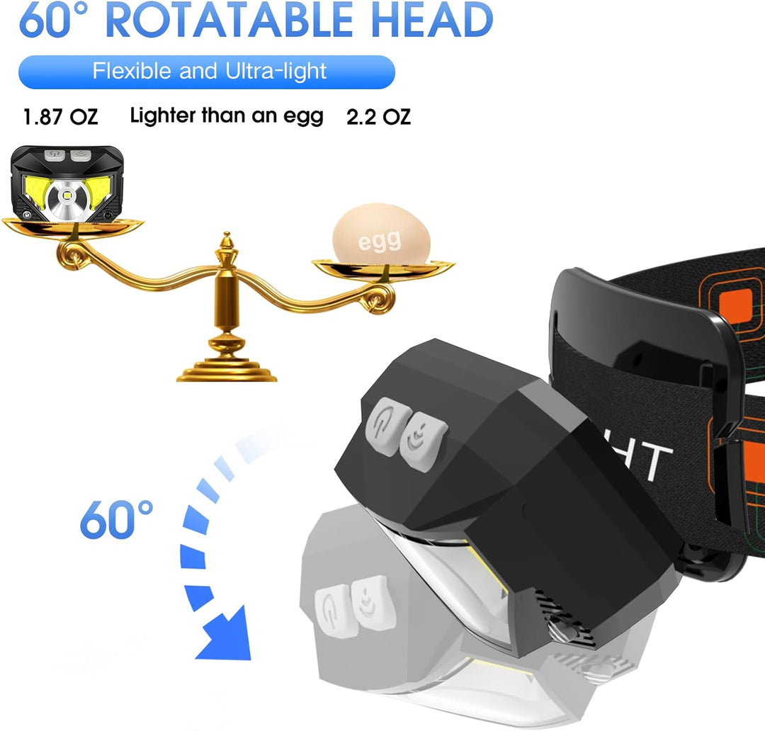 Rechargeable Waterproof LED Headlamp Flashlight with Motion Sensor - 2-Pack