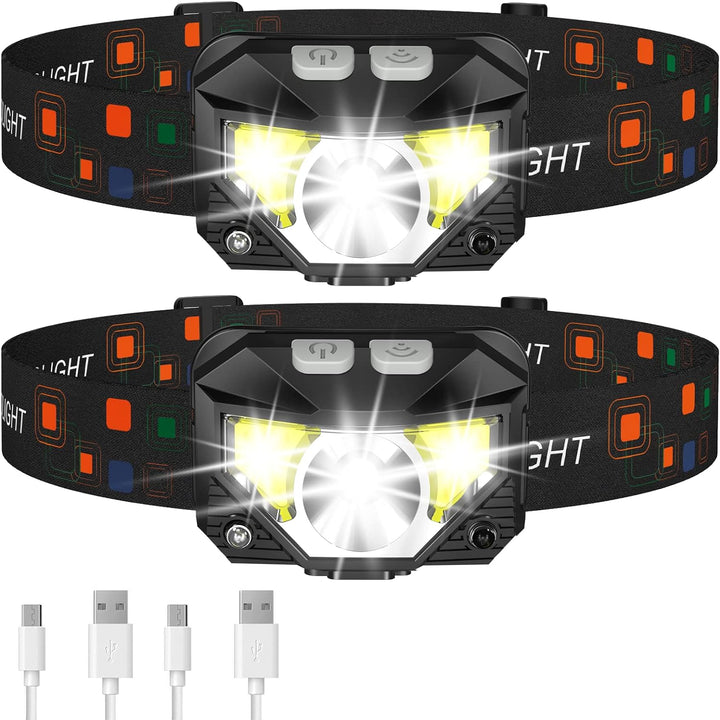 Rechargeable Waterproof LED Headlamp Flashlight with Motion Sensor - 2-Pack