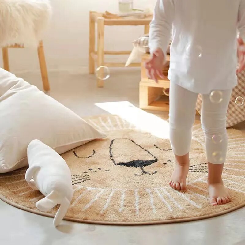 Round Lion Playmat Rug for Kids - Children's Play Area Floor Mat