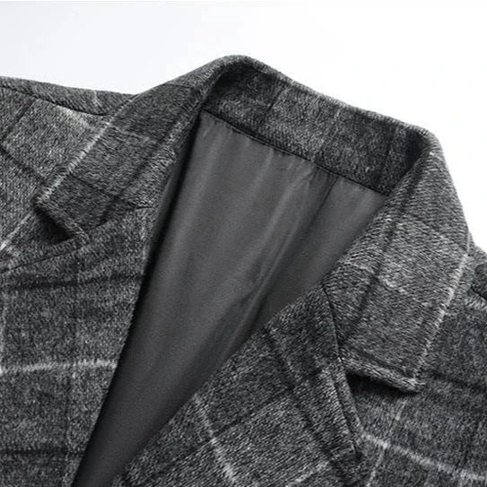 Men's Wool Overcoat with Check Pattern and Quilted Lining