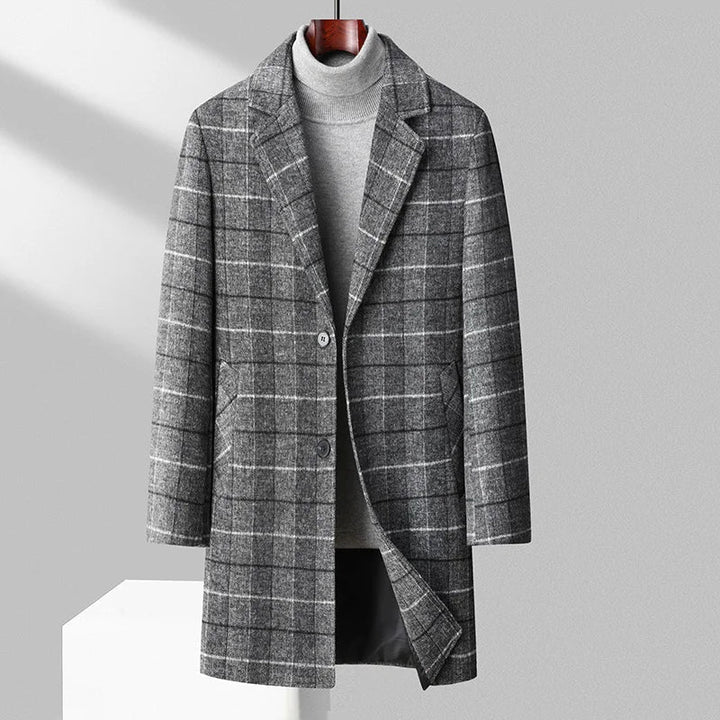 Men's Wool Overcoat with Check Pattern and Quilted Lining