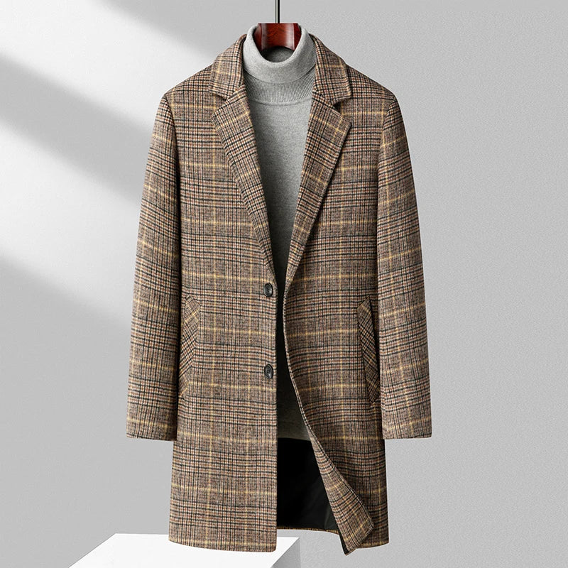 Men's Wool Overcoat with Check Pattern and Quilted Lining