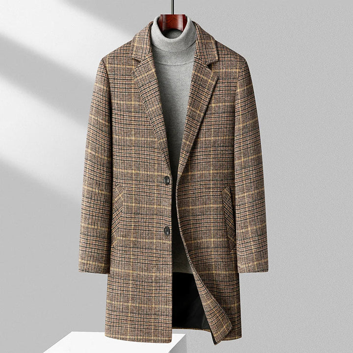 Men's Wool Overcoat with Check Pattern and Quilted Lining