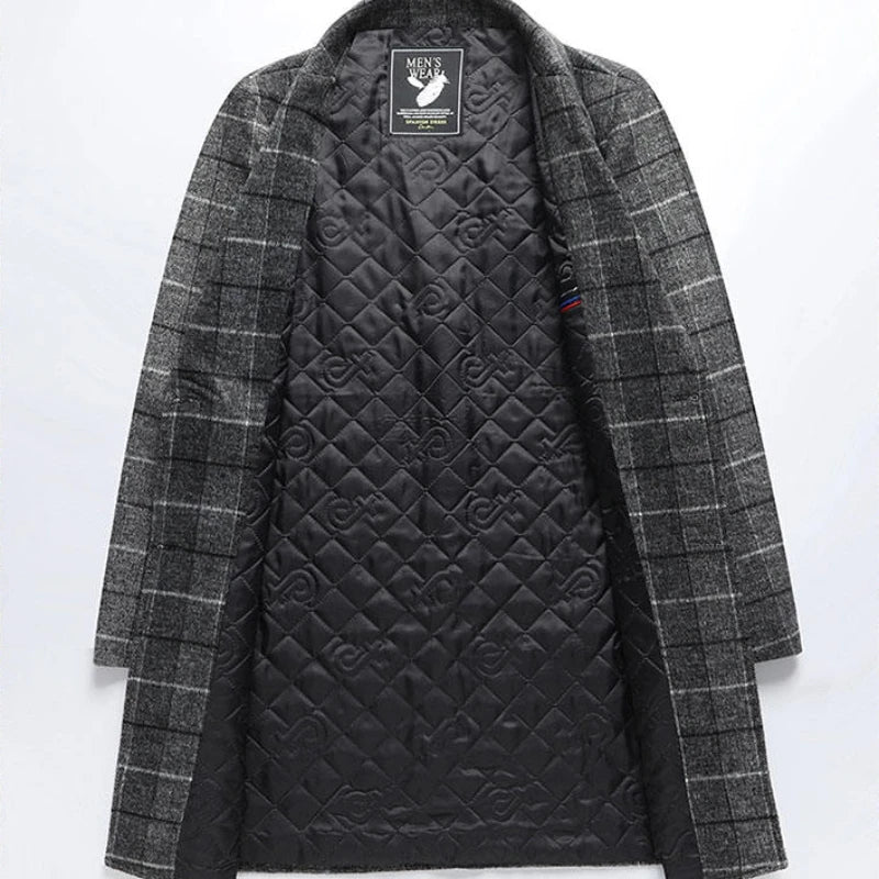 Men's Wool Overcoat with Check Pattern and Quilted Lining