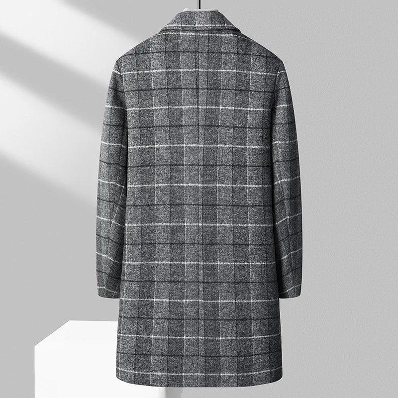Men's Wool Overcoat with Check Pattern and Quilted Lining