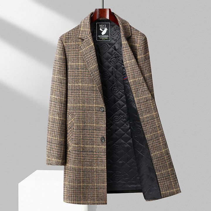 Men's Wool Overcoat with Check Pattern and Quilted Lining