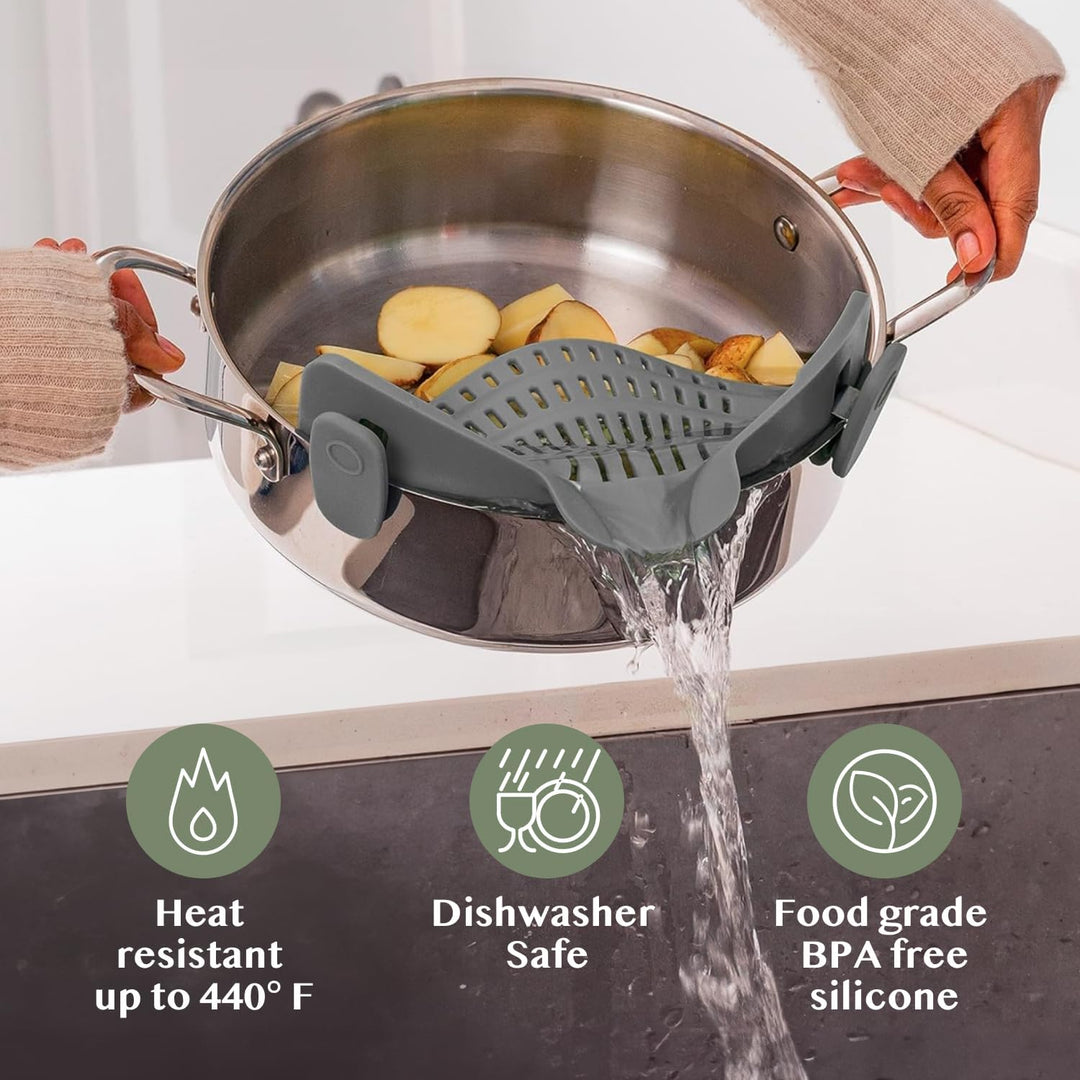 Silicone Clip-On Pasta Strainer Colander for Cooking Pots and Pans