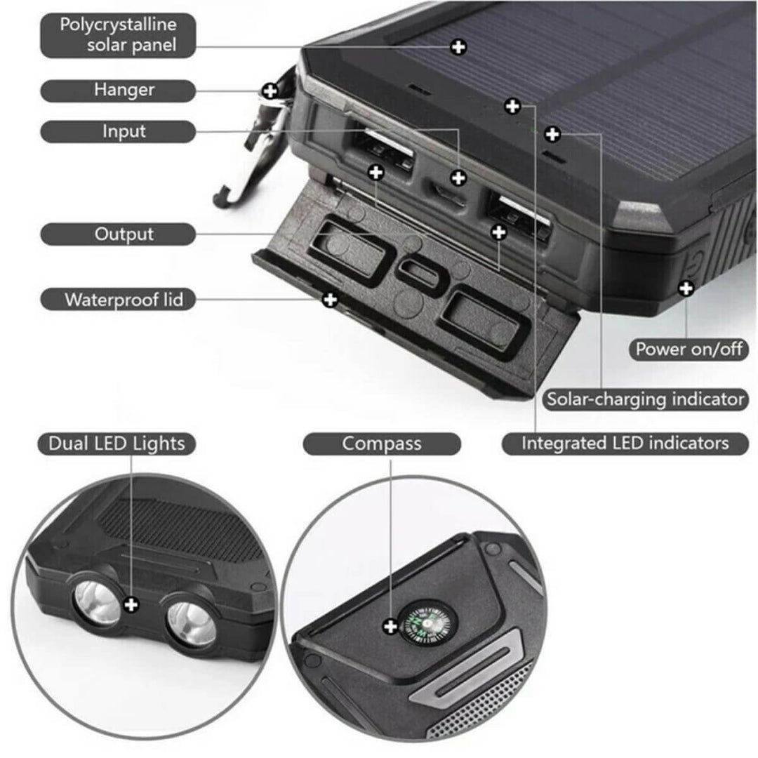Solar Power Bank 20000mAh Waterproof Portable Charger