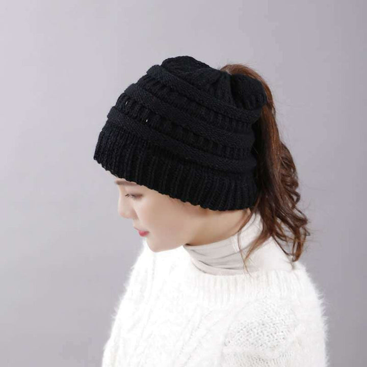 Women's Beanie Hat with Messy Bun Opening for Winter Wear