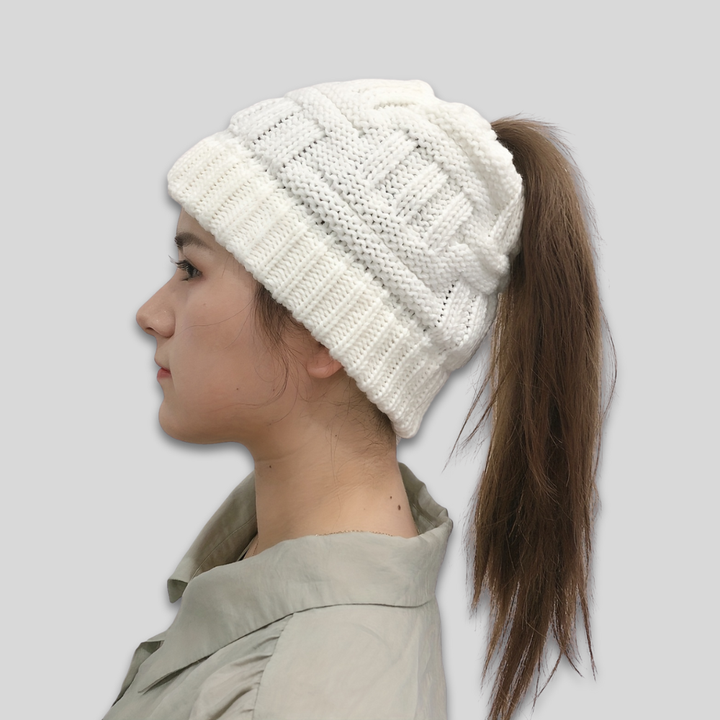 Women's Beanie Hat with Messy Bun Opening for Winter Wear