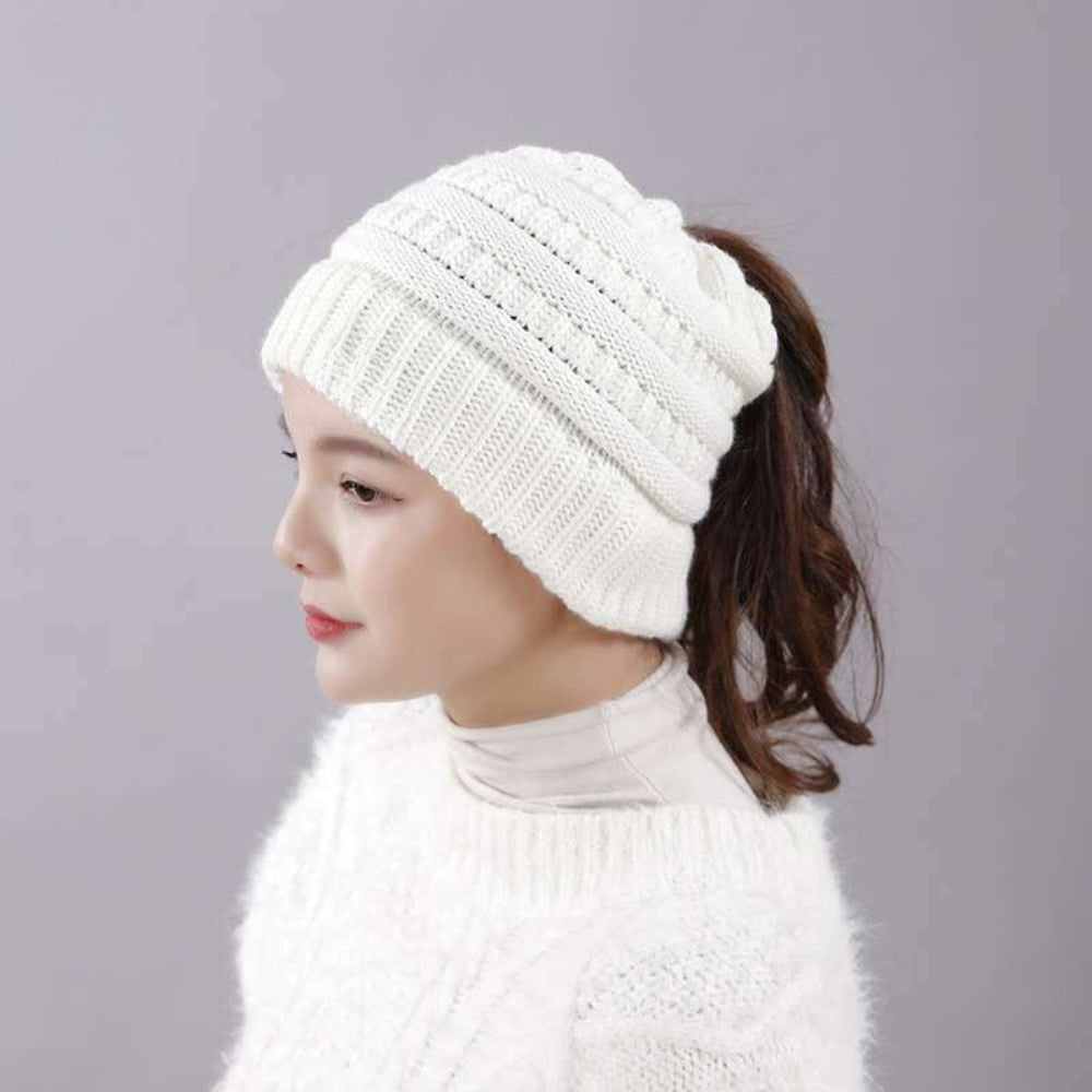 Women's Beanie Hat with Messy Bun Opening for Winter Wear