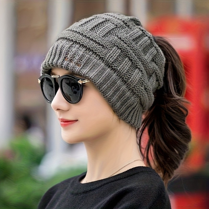 Women's Beanie Hat with Messy Bun Opening for Winter Wear