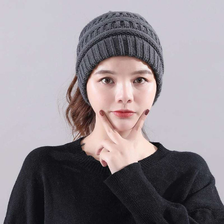 Women's Beanie Hat with Messy Bun Opening for Winter Wear