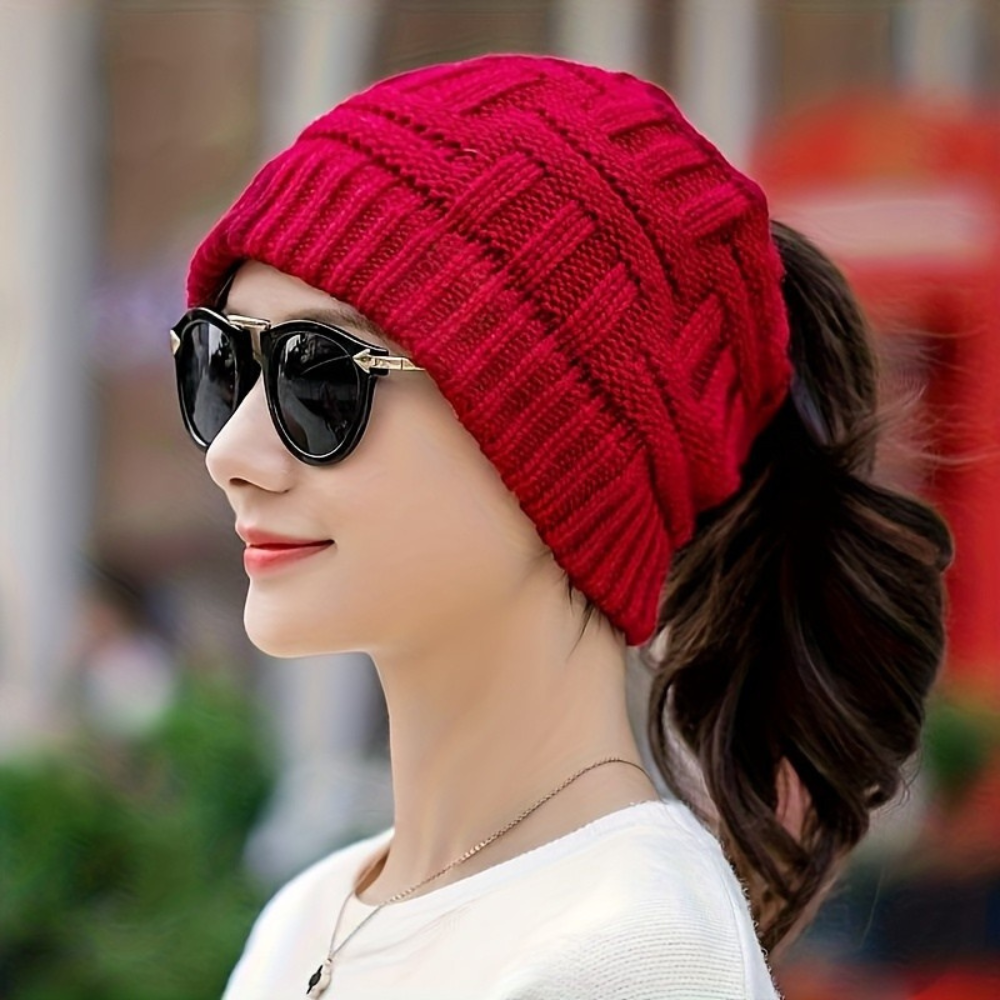 Women's Beanie Hat with Messy Bun Opening for Winter Wear