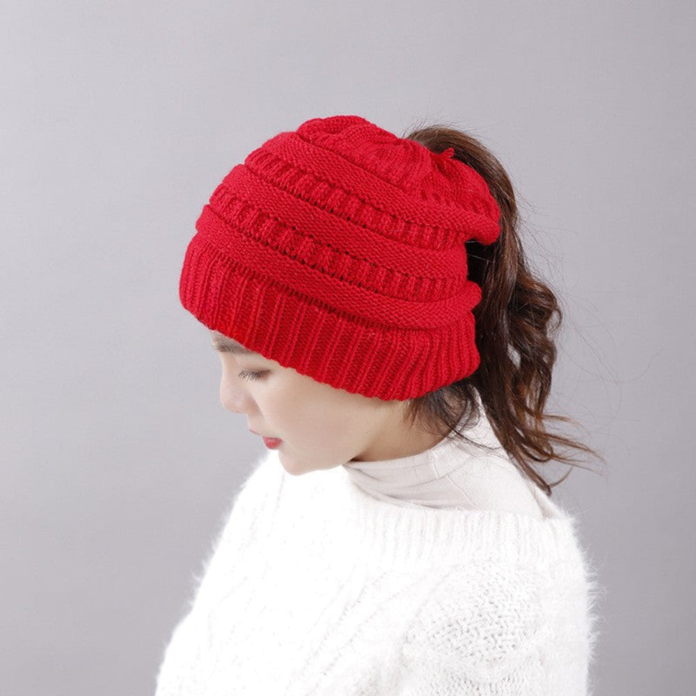 Women's Beanie Hat with Messy Bun Opening for Winter Wear