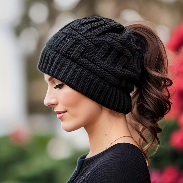 Women's Beanie Hat with Messy Bun Opening for Winter Wear