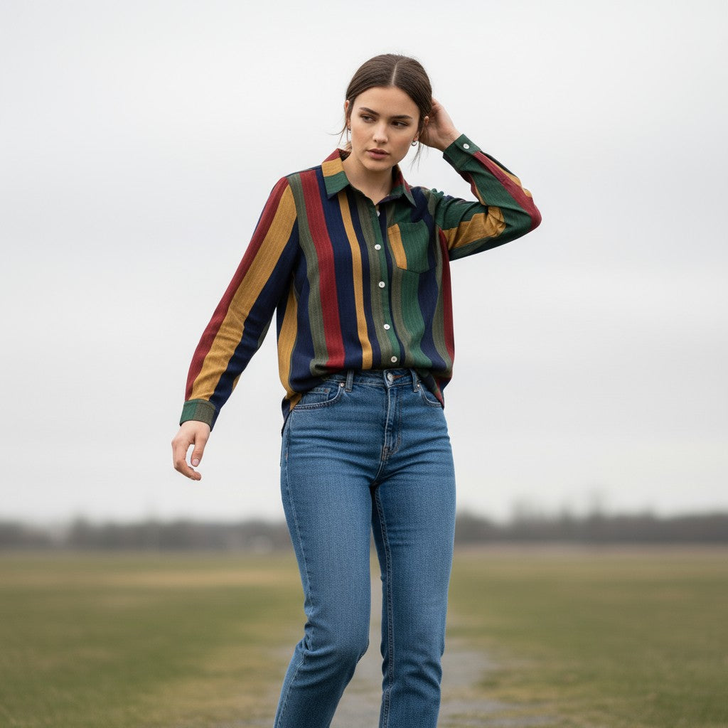 Women's Contrast Color Button-Down Blouse