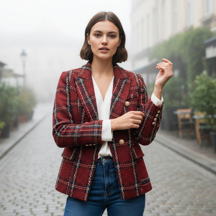 Women's Elegant Checkered Long Sleeve Blazer