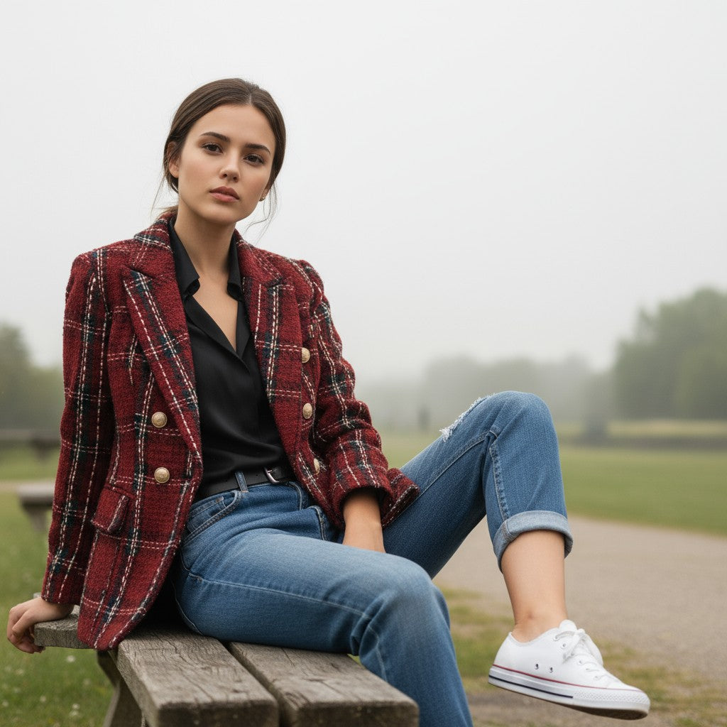 Women's Elegant Checkered Long Sleeve Blazer