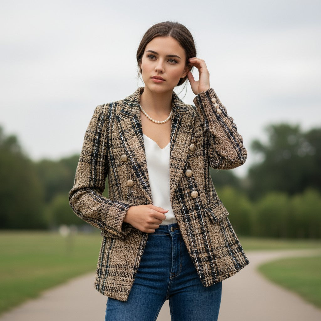 Women's Elegant Checkered Long Sleeve Blazer